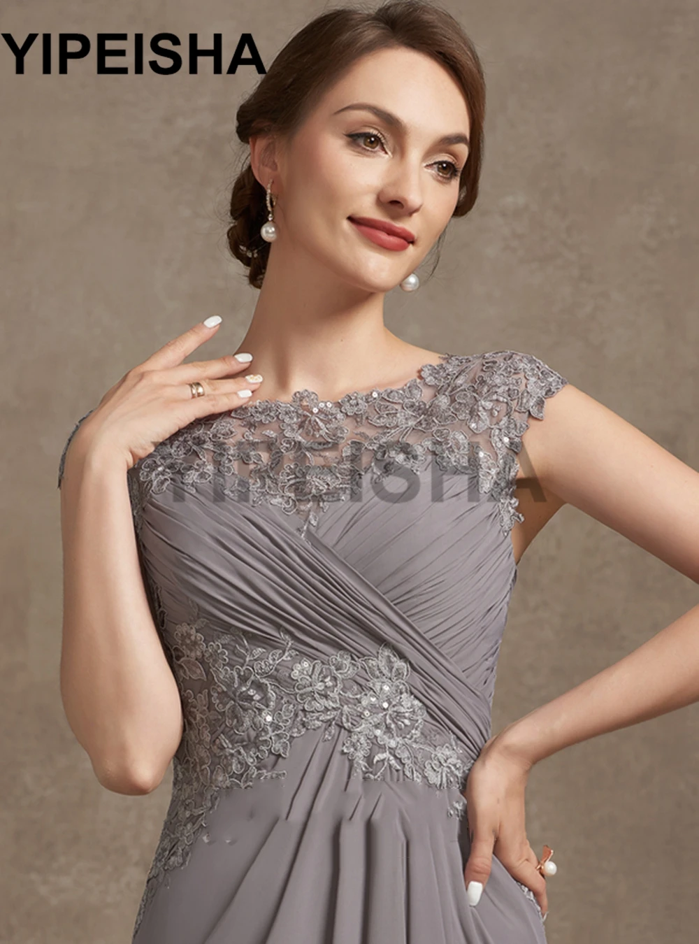 Scoop Neck Kurzarm Spitze Appliques Rüschen Mutter Der Braut Kleid Chiffon A-linie Hochzeit Gast Kleid فساتين السهرة