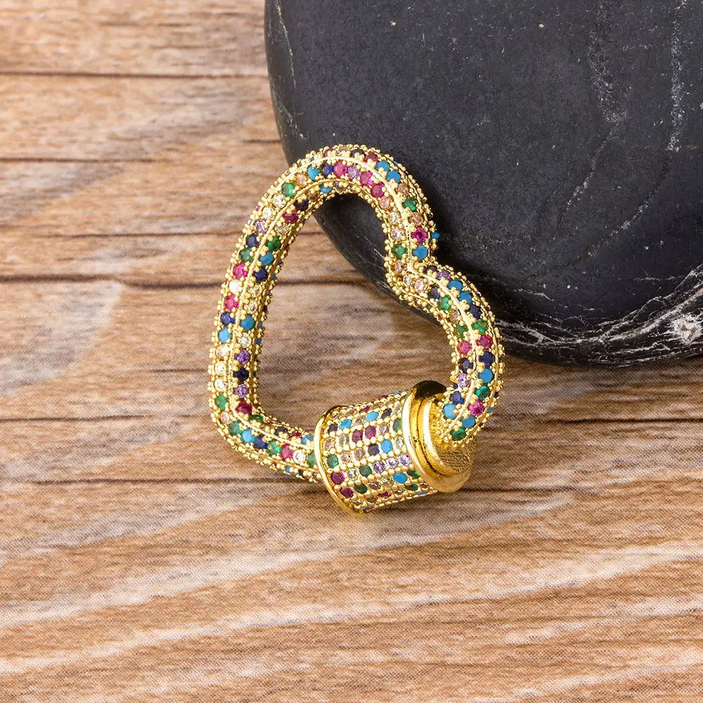 Classic Rainbow CZ Micro Pave Lock Carabiner Pave Lock Heart Shaped Copper Zirconia Clasp Necklace Jewelry Gift For Women Men