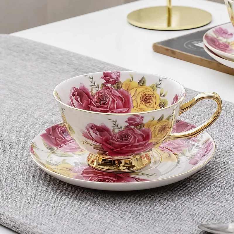 Pastoral Rose Bone China Tea Cup Saucer Spoon Set 200ml Europe Advanced Porcelain Coffee Cup Cafe Ceramic Floral Teacup Dropship