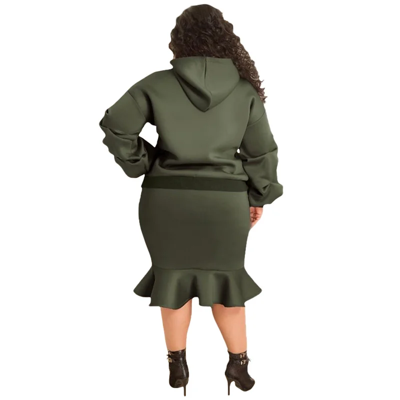 Two Piece Set Plus Size Women Clothing Sweatsuit Long Sleeve Hoodie Top High Waist Maxi Skirt Sets Winter Wholesale Dropshipping