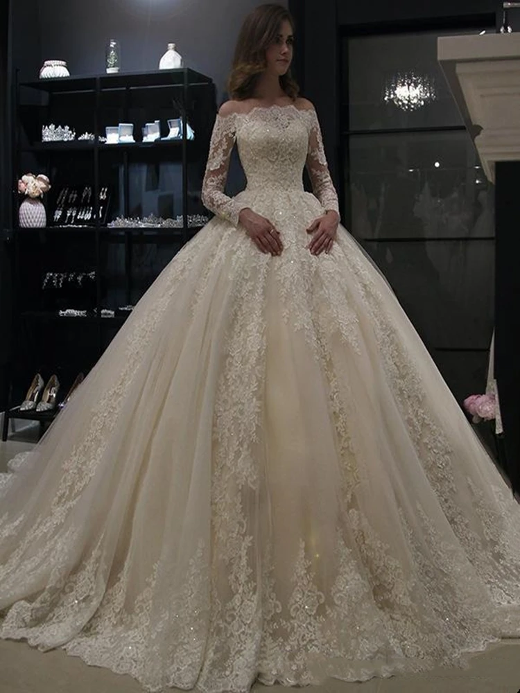 Fait sur commande 2020 arabe Bateau cou dentelle robes de mariée avec manches longues Tulle Applique ruché balayage Train mariée robe de mariée