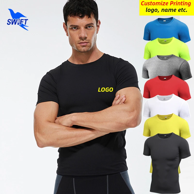 Summer Quick Dry Compression Running T Shirts Men Breathable Workout Tee Tops Elastic Gym Fitness Training Sportswear Customize