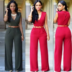 High-waist V-neck Wide-leg Pants Irregular Suit With Belt Women Jumpsuit Sleeveless Bodysuit women