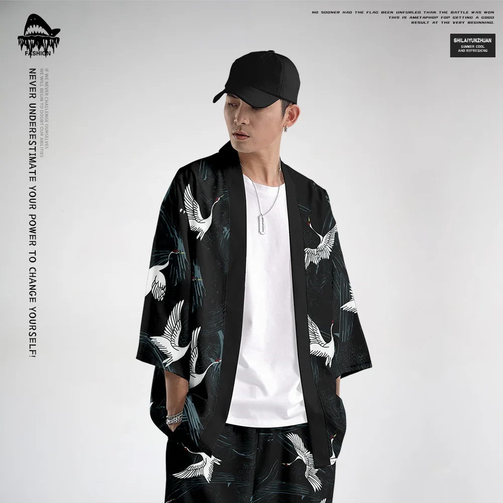 

Japanese Style Black Crane Print Kimono Jacket And Pant Suit Tops Streetwear Haori Men Cardigan Japan Robe Clothes Oversize