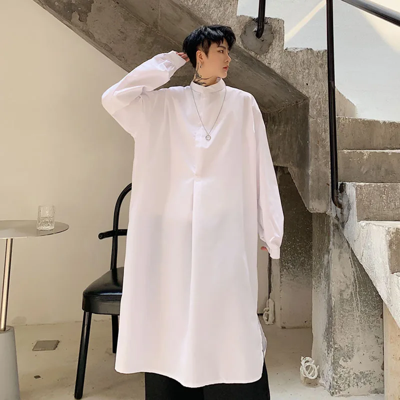 Men Japan Style Long Sleeve Stand Collar Black White Pullover Dress Shirt Robe Male Streetwear Gothic Loose Casual Long Shirt