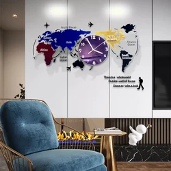 Large Decorative Wall Clock Sticker Frameless World Map Wall Clock with Silent Movement Modern DIY Decoration for Home