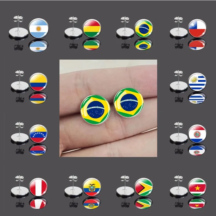 Kolczyki z flagą Ameryki Południowej Argentyna Kolumbia Chile Suriname Peru Urugwaj Ekwador Flaga Szklana kopuła Kolczyk w kształcie sztyftu Ozdoba