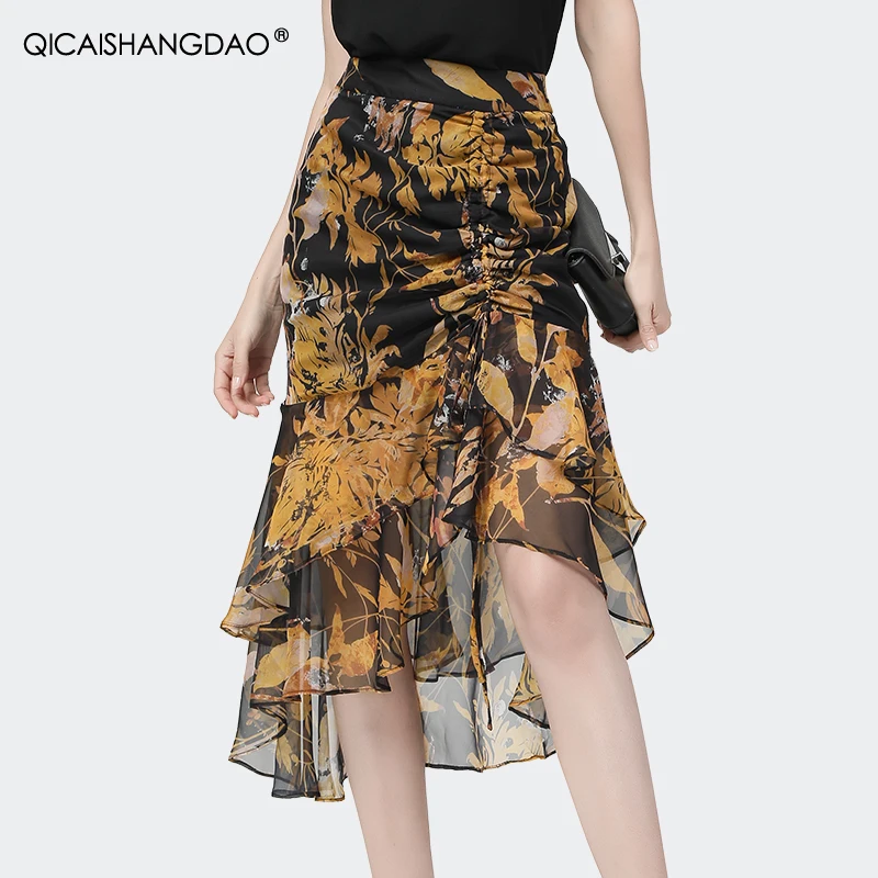 Mid-Length Womens Summer Chiffon Floral Skirts Irregular Lightweight Elegant Flowing Casual Office Ladies Work Mermaid Skirts