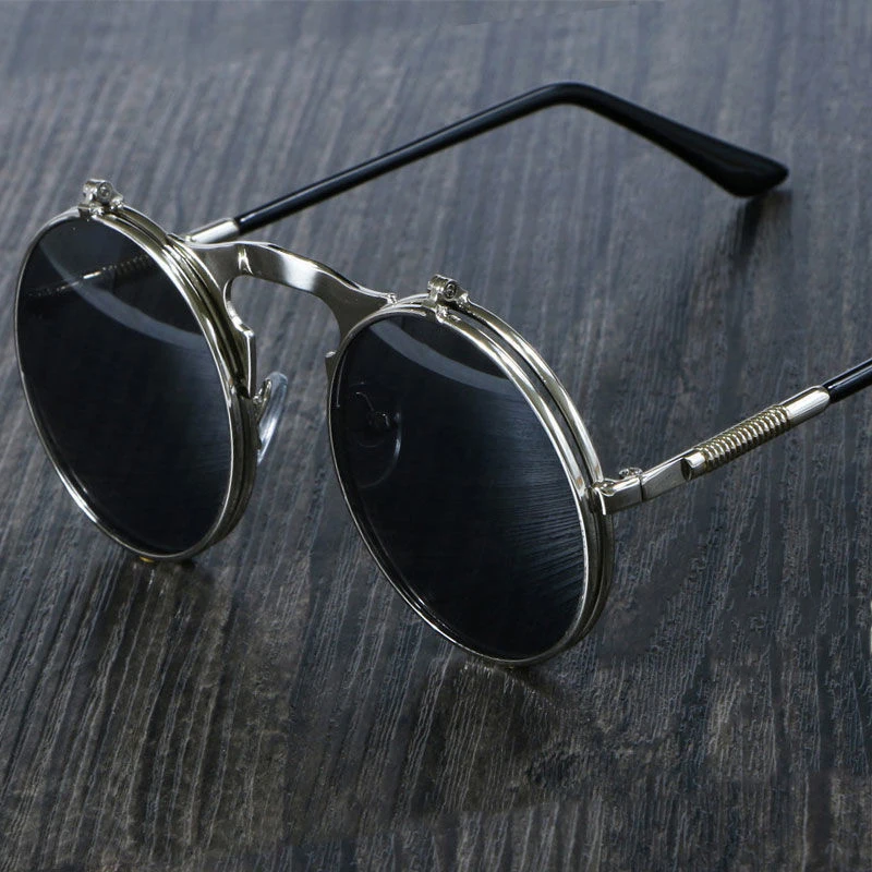 Retro Flip Round Sunglasses Man Woman Metal Steampunk Style Sun Glasses Male Female Double Circular Clear Lens Eyeglasses