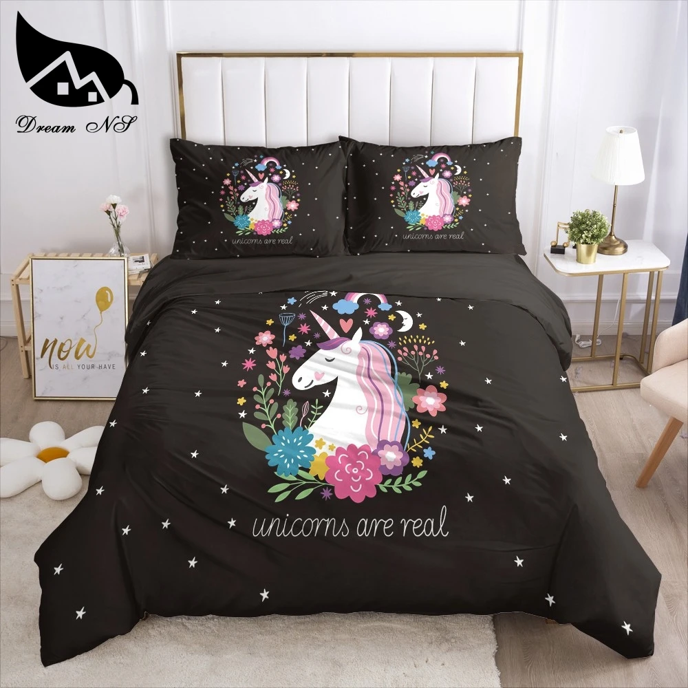 Dream NS-juego de cama de unicornio negro, ropa de cama de matrimonio, Textiles para el hogar, juego de funda nórdica de caballo arcoíris