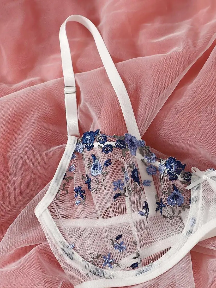 Floral Embroidered Mesh Underwire Lingerie Set