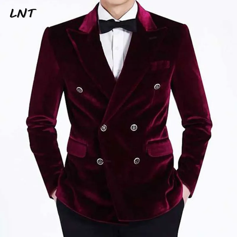 Peak Lapel Burgundy Velvet Men\'s Blazer Wedding Groom Coat Dinner Dress Suit Formal Occasion Tuxedo