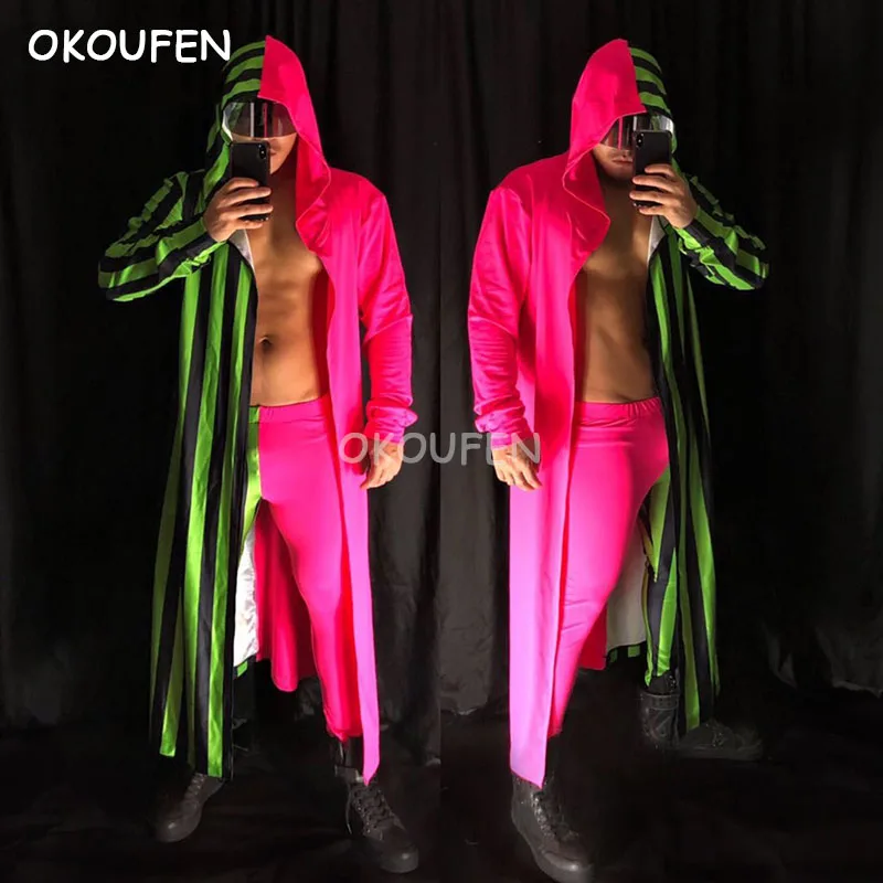 

Nightclub male singer dancer stage show performance clothing set Sexy Fluorescent Geometric Stitching Long Cloak Costume