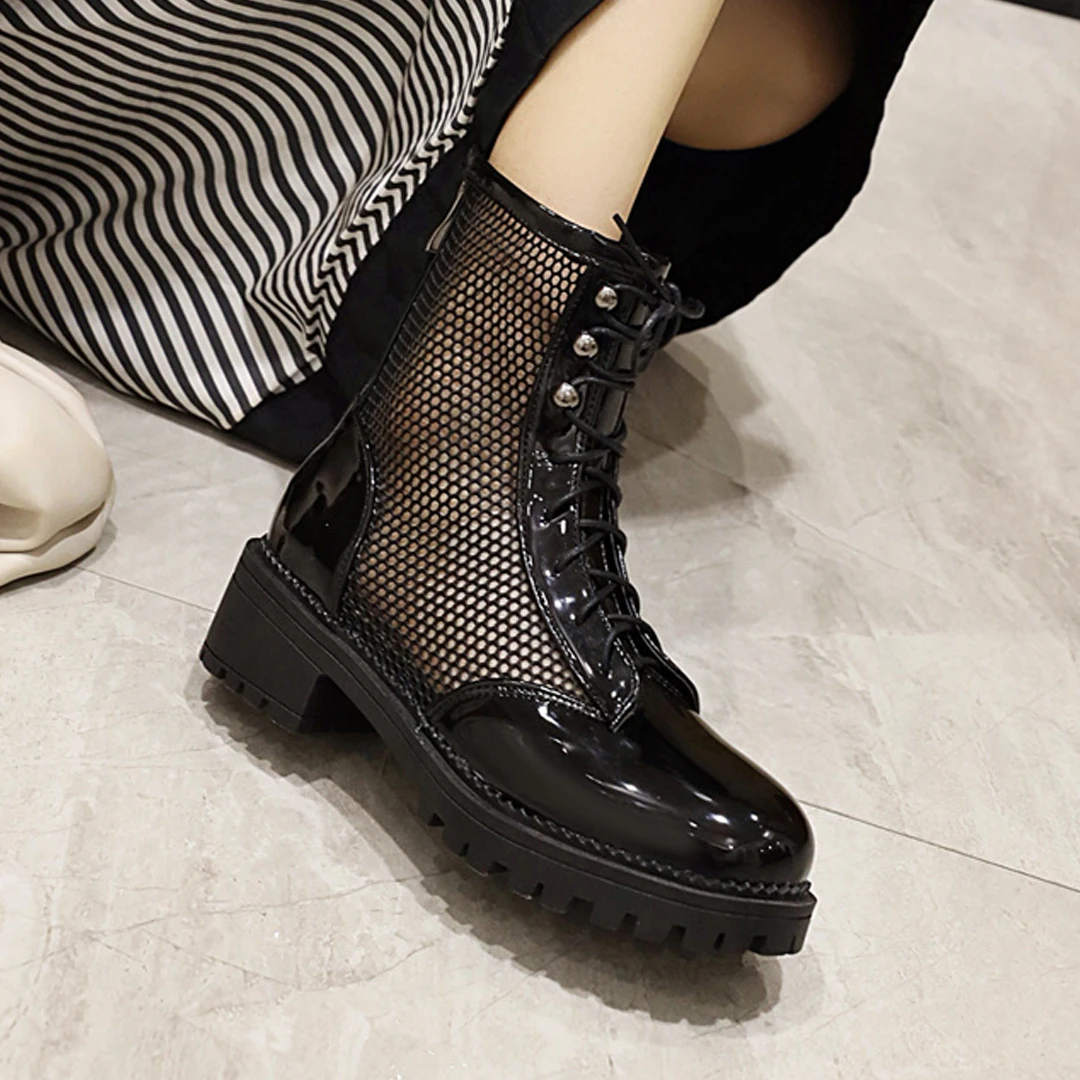 Patent Leather Stitching Mesh Gauze Summer Breathable Women's Boots Cross Straps Hollow Cool And Breathable Flat Ankle Boots