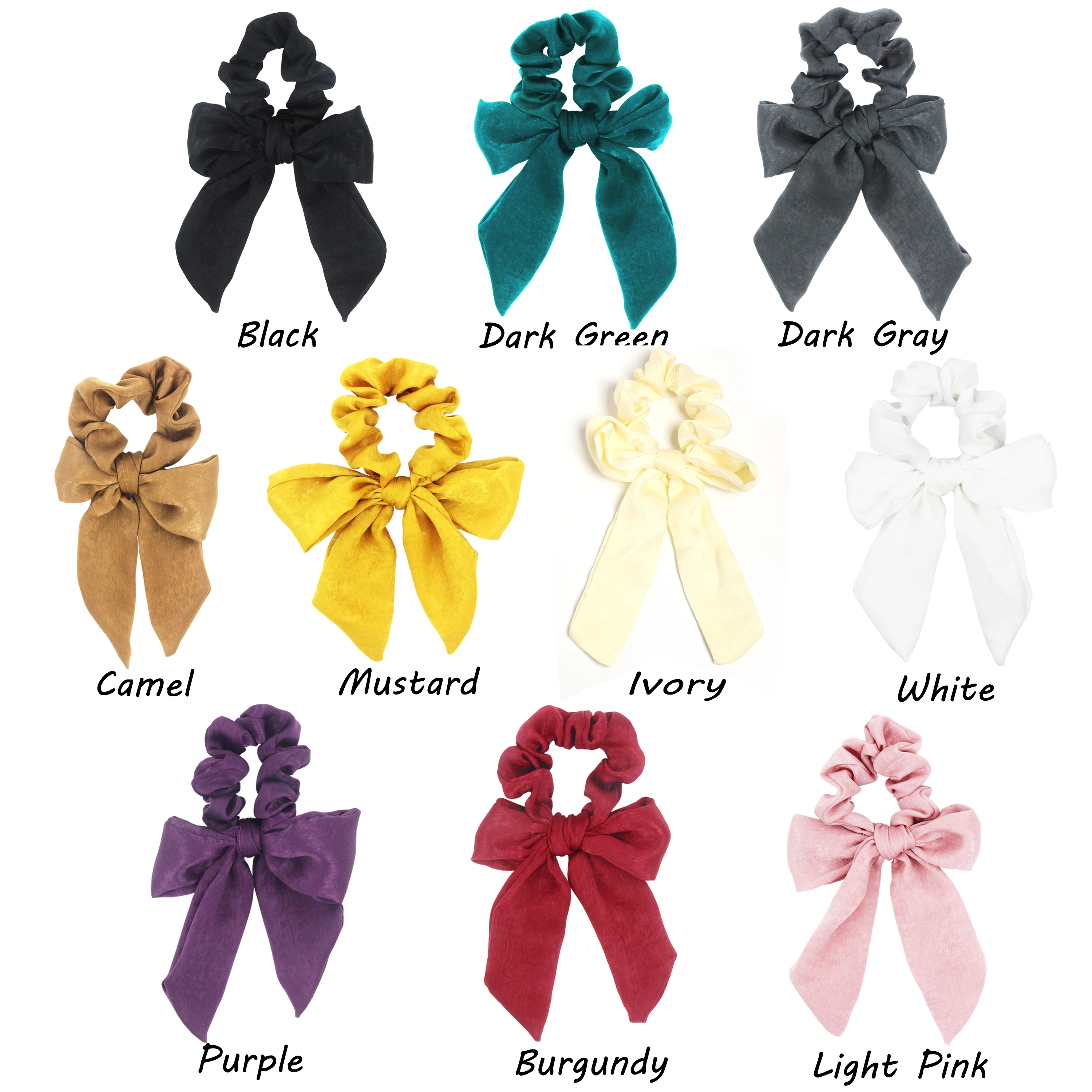 Vintage Solid Color Satin Bow Hair Ribbon Scrunchie For Women Girls Long Elastic Hair Tie Headwear Female Hair Accessories