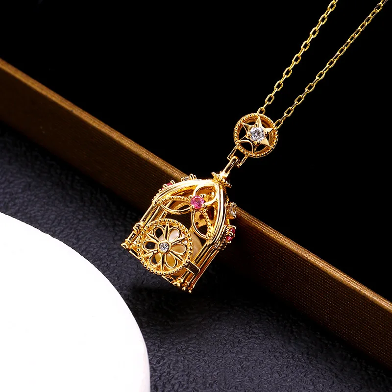 

MoBuy Vintage Hollow Cage Star Pendant Natural Freshwater Pearl Necklace For Women S925 Silver K Gold Plated Brithday Gift