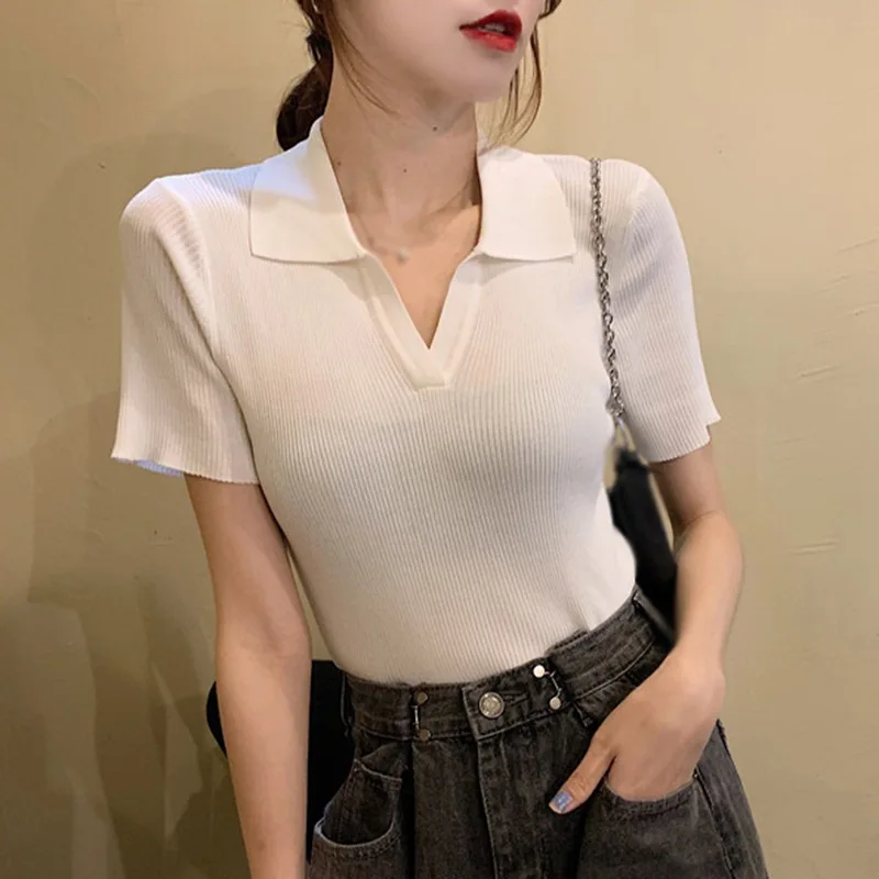 

Женские летние трикотажные футболки с v-образным вырезом сплошной Цвет топы Короткий рукав Хай-стрит футболки повседневные футболки Топ