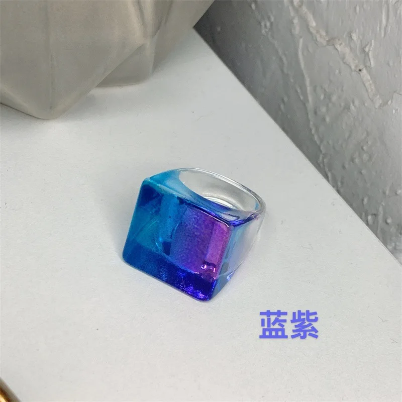 2022 New Korea Harajuku Shiny Square Colorful Transparent Geometric Resin Acrylic Rings For Women Girls Summer Hot Sale Jewelry