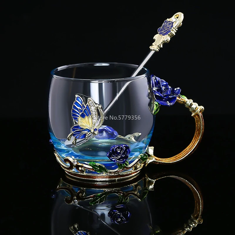 Red Blue Rose Enamel Crystal Tea Cup Coffee Mug Butterfly Rose Painted Flower Water Cups Clear Glass with Spoon Set Perfect Gift