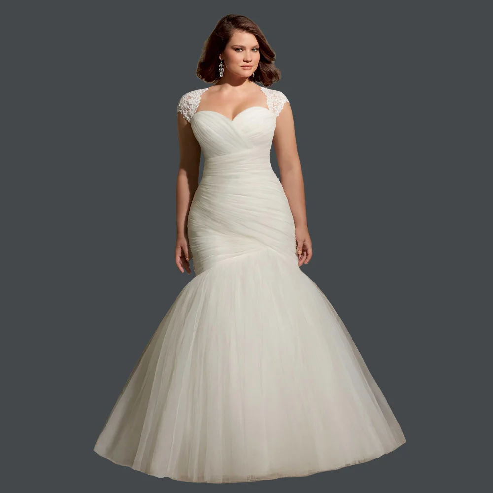 Robe de mariée plissée en dentelle, grande taille, style sirène, bon marché, 2018