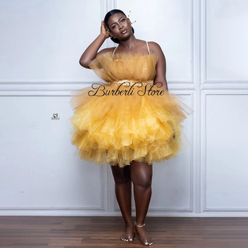 

Puffy Gold Tulle Ruffles Africa Women Short Dress Sexy Spaghetti Strap Backless Tiered Mesh Girls Brithday Party Gowns Plus Size