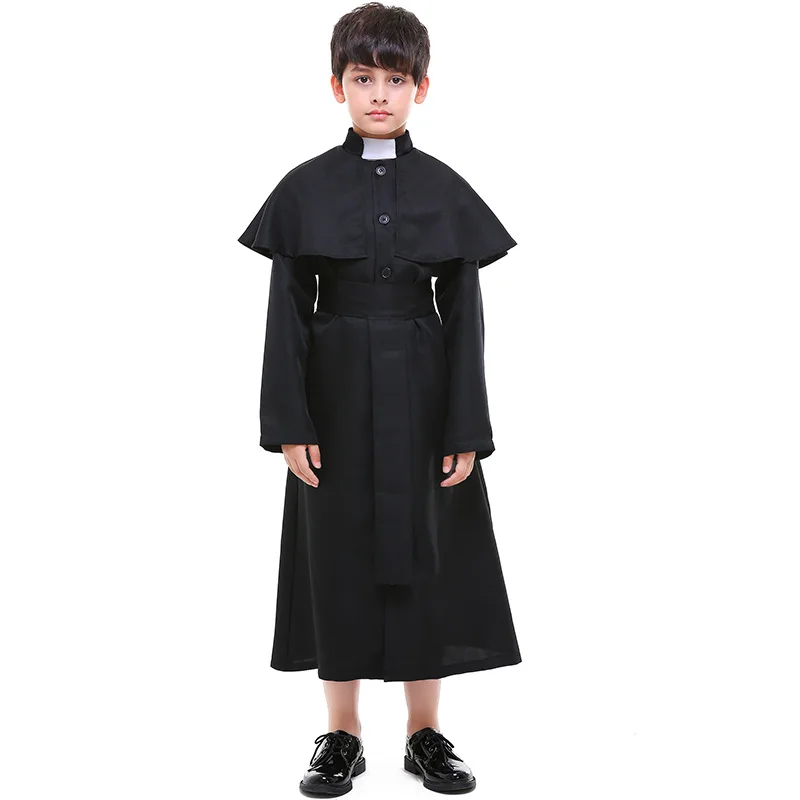 Boy 3 Pc Priest Cosplay Costume Kid Halloween Father Priest Robe Purim Fancy Dress Christian Missionary Outfit