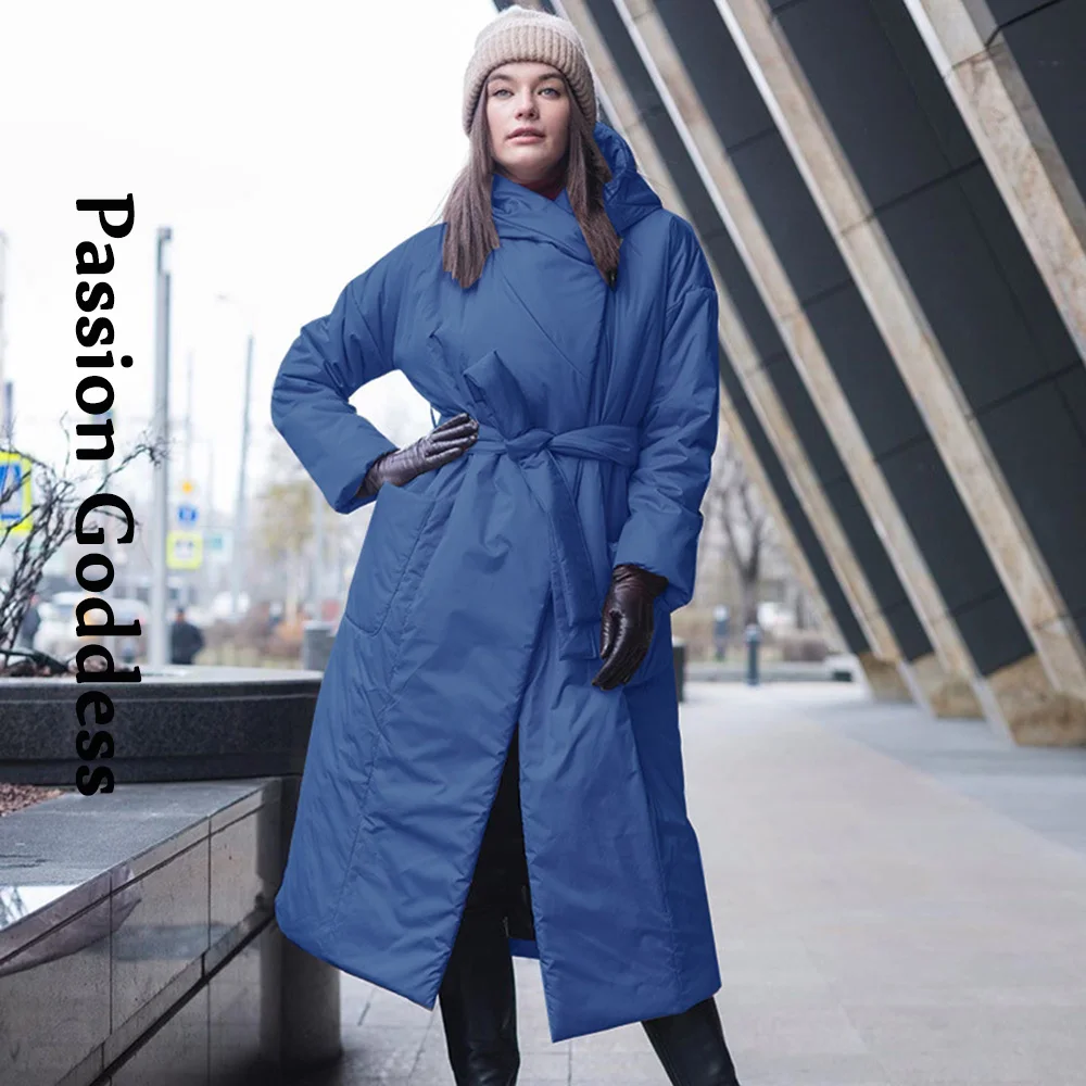 Winter Women Hooded Long Puffer Jackets with Belt Warm Thick Oversized Long Parkas Down Jacket Big Pockets Overcoats Streetwear