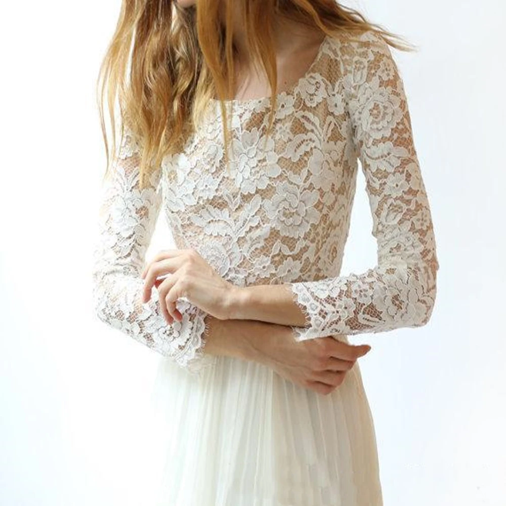 Ivory A Line Lace Chiffon Wedding Dresses With Illusion Long Sleeve Floor Length Beach Bridal Gown 2020