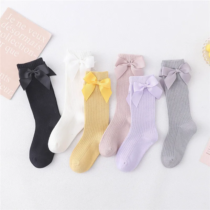 Children Girls Socks With Bows Cotton Baby Girls Socks Soft Toddlers Long Socks For Kids Princess Knee High Socks for Girls 0-8Y