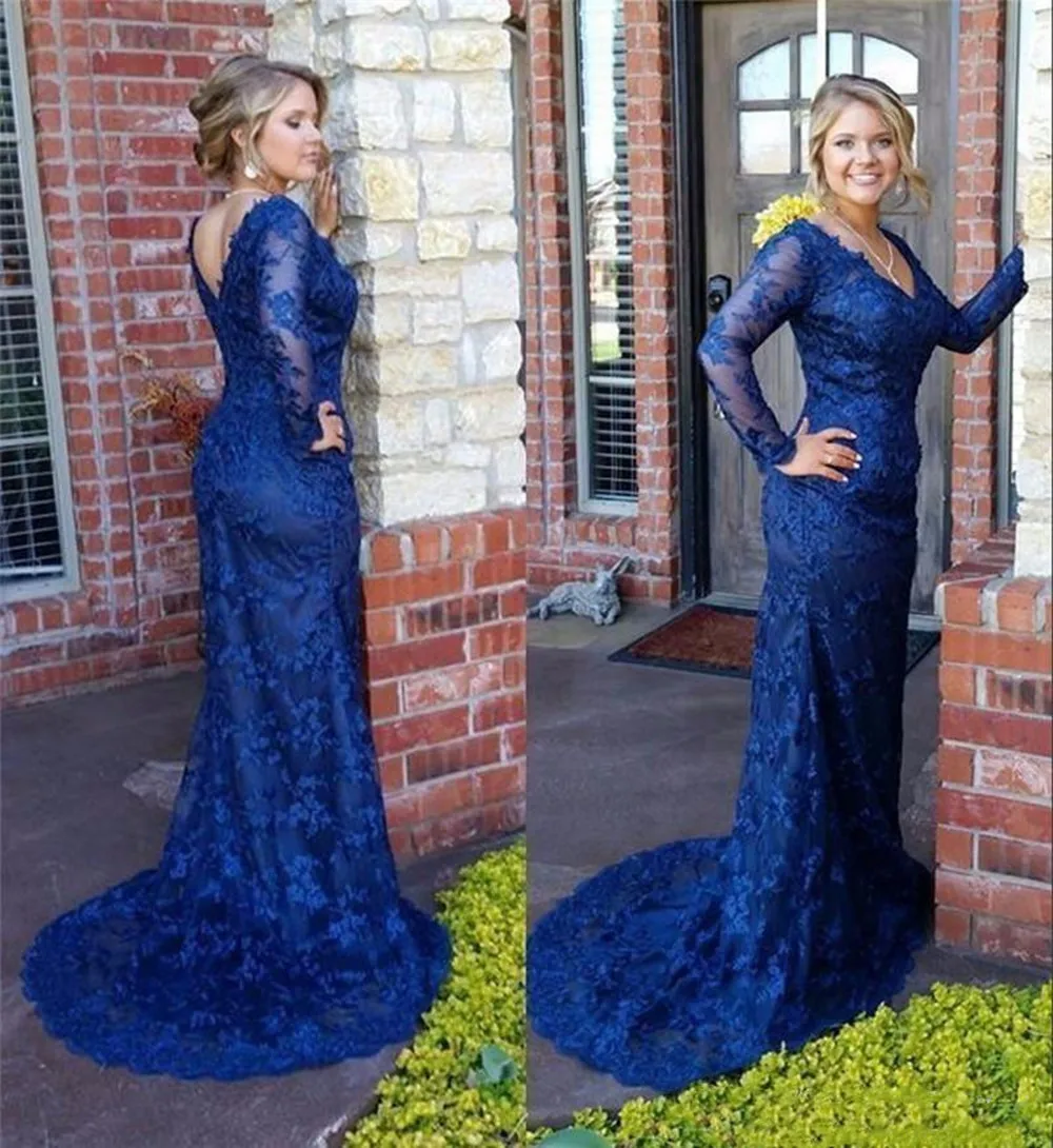 

Elegant Royal Blue Mother of Bride Dresses 2022 Long Sleeve V Neck Vintage Lace Trumpet Mother of Groom Gowns Formal Evening