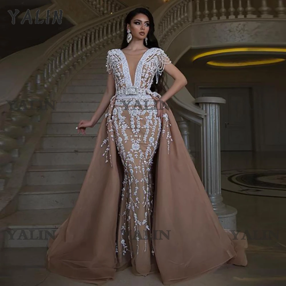 YALIN Champagne Mermaid Evening Dresses Long Beading Appliques Deep V Neck Arabic Prom Special Occasion Gowns فساتين السهرة