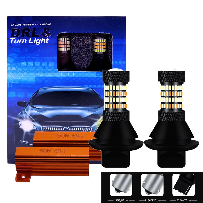 2PCS Car DRL Turn Signal Light 7440 BA15S BAU15S 1156 T20 LED Bulb Canbus Error Free White Amber Double Color PY21W P21W Lamps