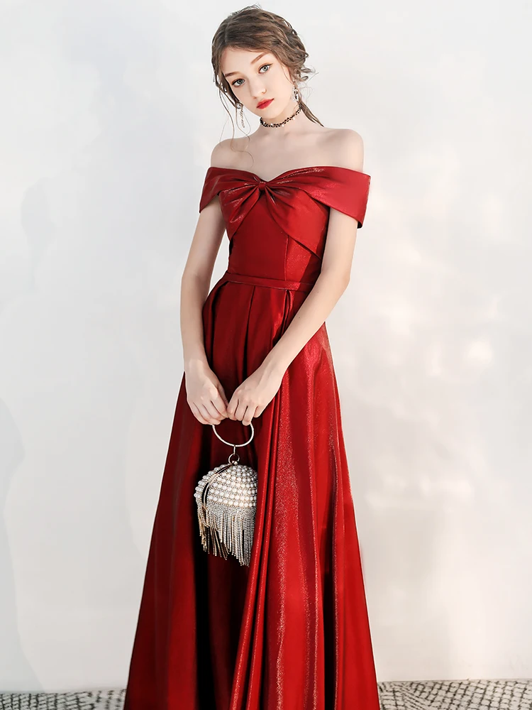 Women Semi-Formal Dress Strapless Dew Shoulder Sexy Party Gowns Red Bow Draped Pleat Ribbons Straight Formal Prom Dresses