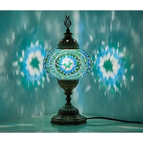 LaModaHome 2019 English Moroccan Mosaic Table Bedside Night Tiffany Bedside Lamp for US Use, Teal,Turquoise,Green