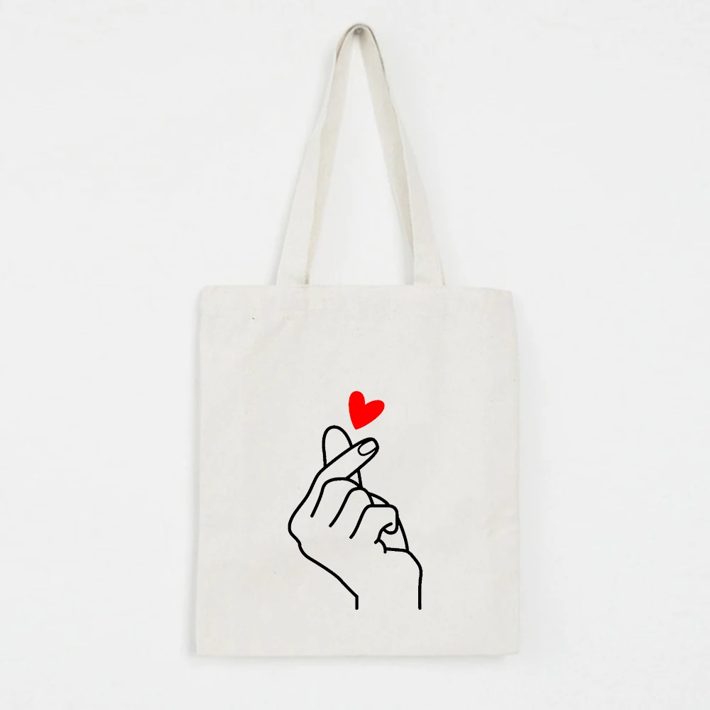 Heart Gesture Women Canvas Foldable Shopping Bag Cartoon Cotton Bag Female Handbags Tote Shoulder Shopper Bag Bolsa Feminina