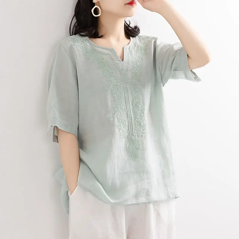 Ethnic Embroidery Blouse Women Cotton Linen Shirt Tunics Short Sleeve Casual Ladies Tops V Neck Basic Tee Elegant Solid Color