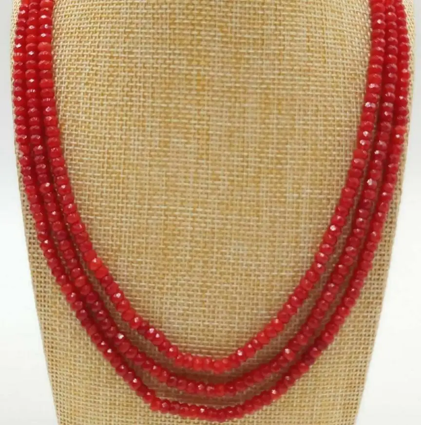 

Fashion jewelry Free Shipping Pretty2x4mm Natural Red Ruby Gemstone Faceted Abacus Beads 3 Row Necklace