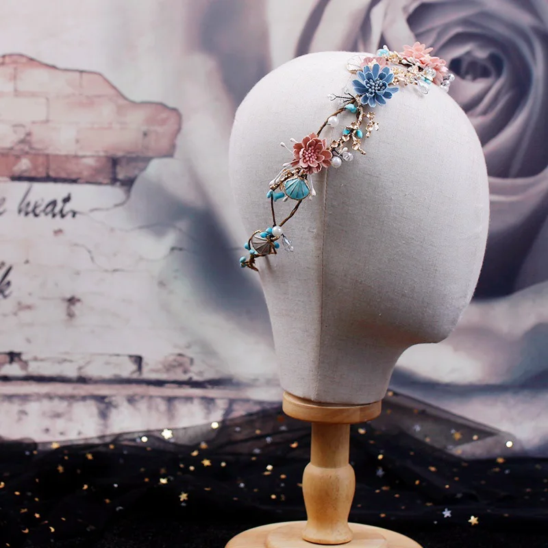 Luxury Blue Pink Flower Crystal Headbands Handmade Beads Baroque Flowers Garland Circular Hoop Crowns Bridal Wedding Accessories