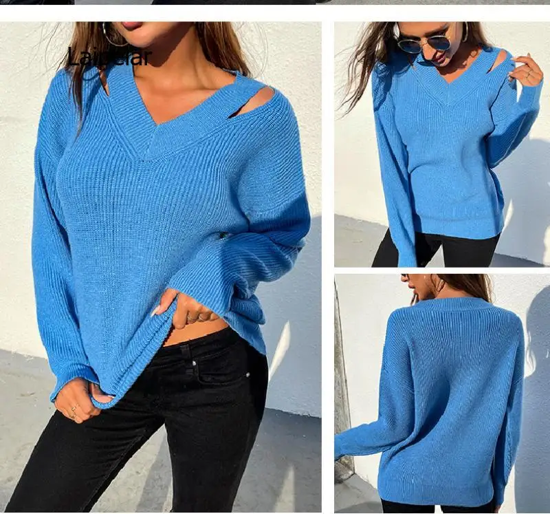 Women Casual V Neck Sweaters Bohemian Holiday Knit Pullover Long Sleeve Solid Winter Top