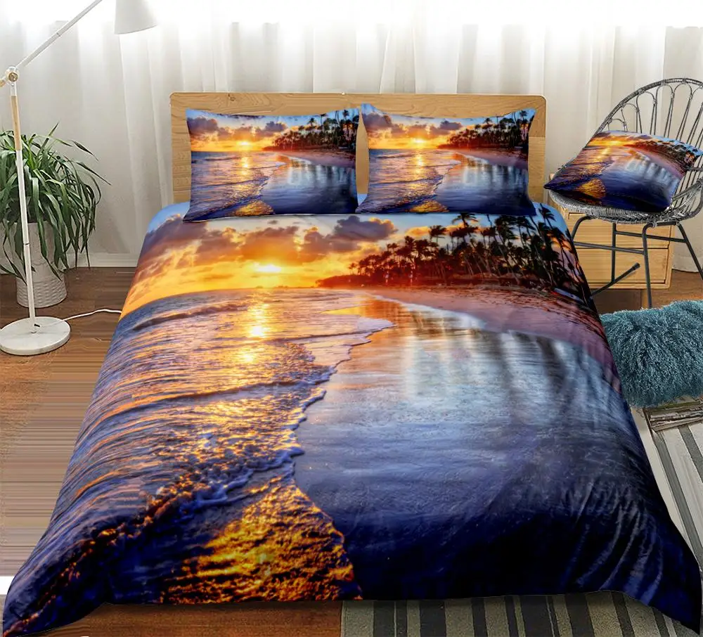 Ocean Bedding Beach Duvet Cover Set Queen Sunrise Quilt Cover Set Beautiful Nature Bed Set  Palm Trees Home Textiles