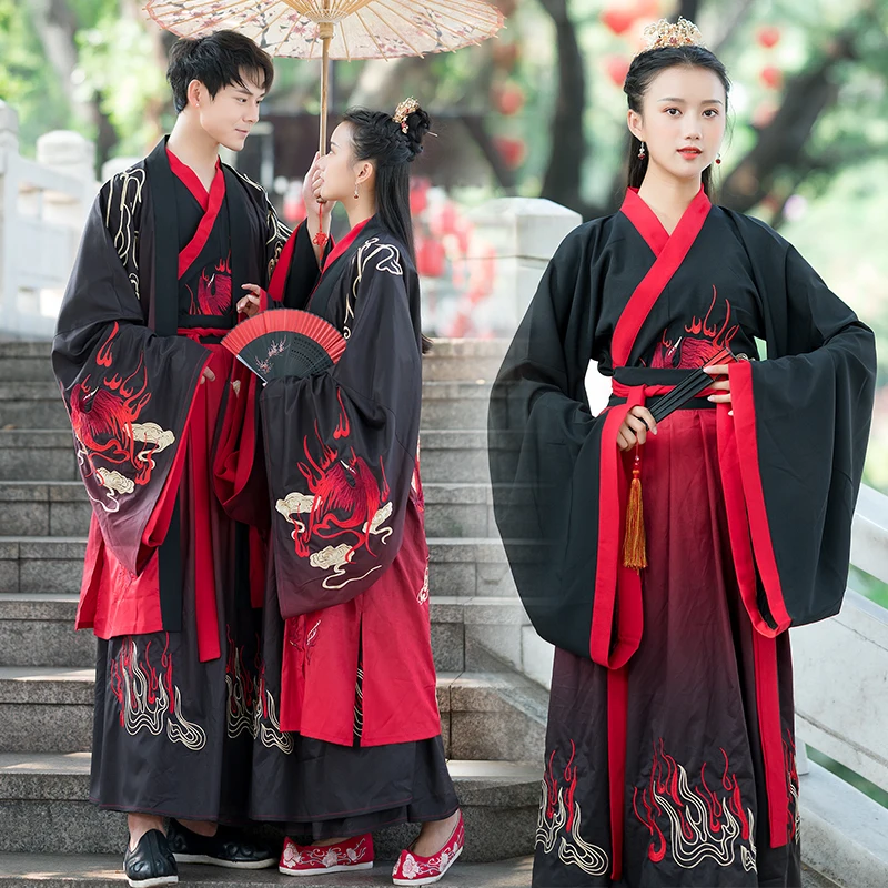 Chinese Dress Black Gradual Change Hanfu China Style Ancient Embroidery Couple Folk Dance Cosplay Costumes Kimono Coat Dresses