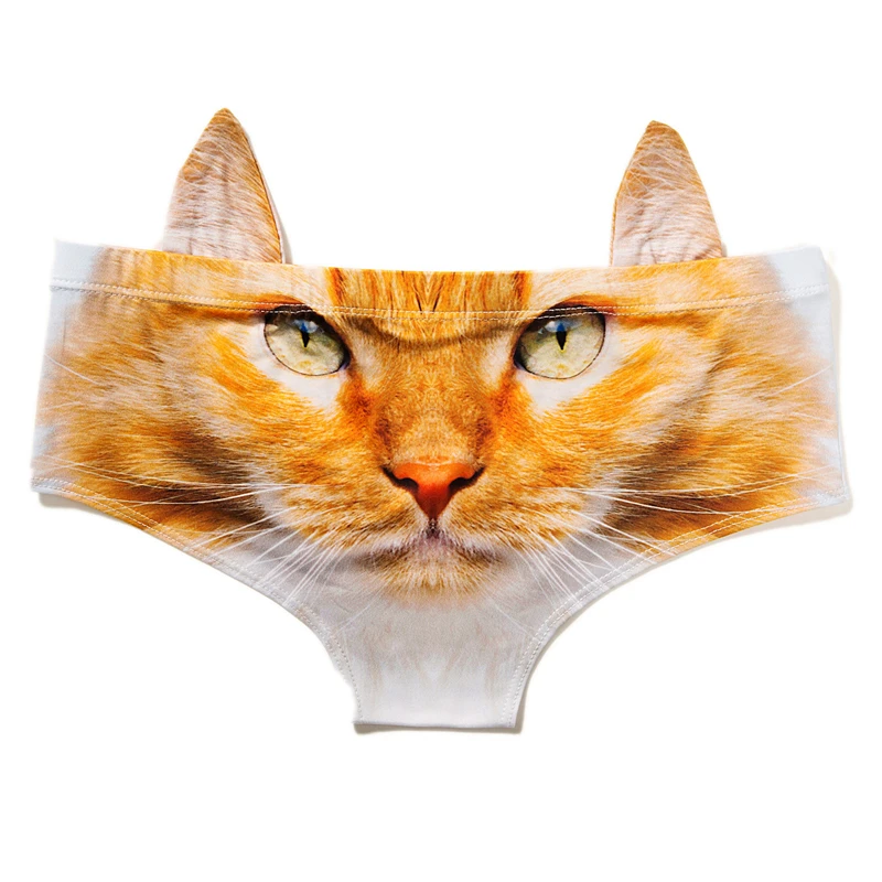 Cute Cat Pet Print 3D Stereo Ears Panties Comfortable Ice Silk Women Underwear Sexy Low-Waist Thong Hip-Lifting Female Briefs