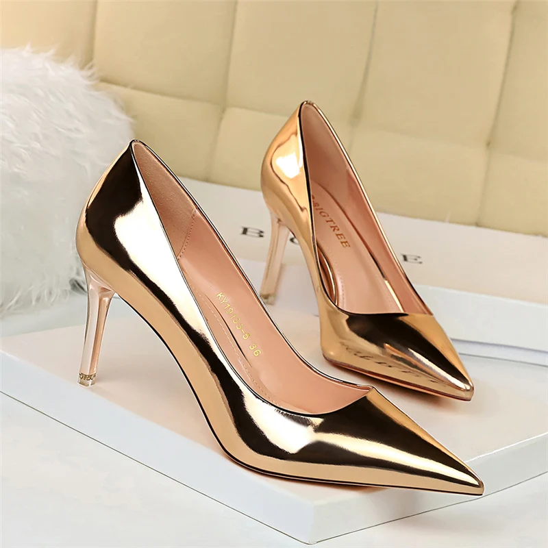 Fashion Women Patent Leather Shallow Thin High Heels Shoes Pointed Toe Gold Silver Heels Pumps Female Tacones Mujer Large Size