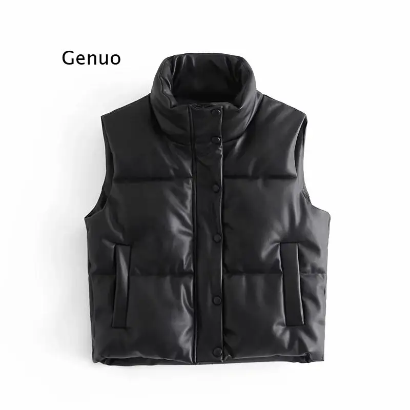 

Fashion PU Faux leather jacket women sleeveless thick coat streetwear spring winter zipper coat