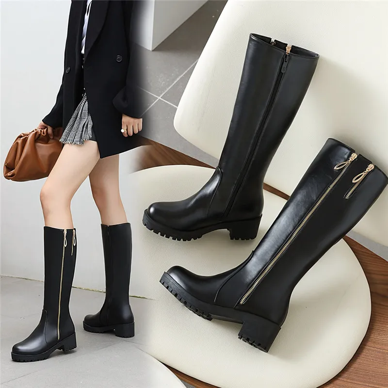 

YQBTDL 2020 Retro Black Womens Boots Chunky High Heels Zipper British Style Knight Long Knee High Boots Female Shoes Autumn 43