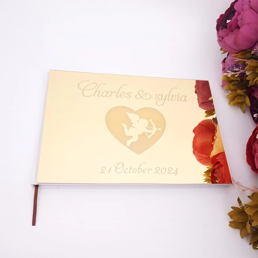 

25*18CM Romantic Cupid Heart Style Custom Wedding Signature Guest Book Acrylic Mirror Cover Personalized Blank Page Party Gift