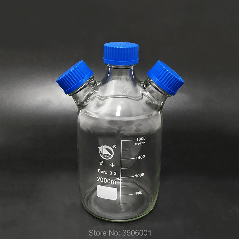 

Reagent bottle,With 3 blue screw covers,Borosilicate glass 3.3,Capacity 2000ml,Graduation Sample Vials Plastic Lid with 3 necks