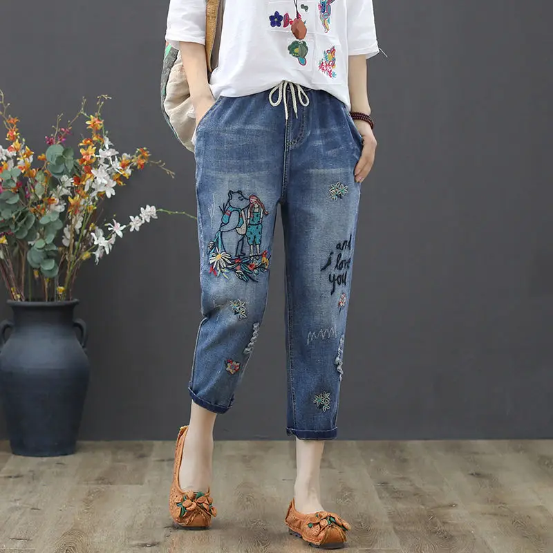 Jeans Longgar Wanita Pinggang Tinggi Ukuran Plus Celana Jeans Wanita Ibu Celana Denim Bordir Longgar Celana Harem Panjang Pergelangan Kaki Pinggang Elastis