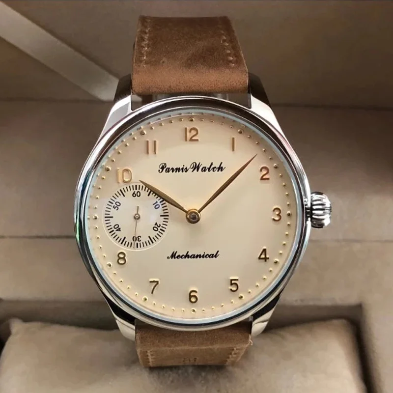 Fashion Sapphire Crystal Or Mineral Glass Watch 44mm Parnis Milk-yellow Dial Asian 6497 Mechanical Movement Men's Watches Gift