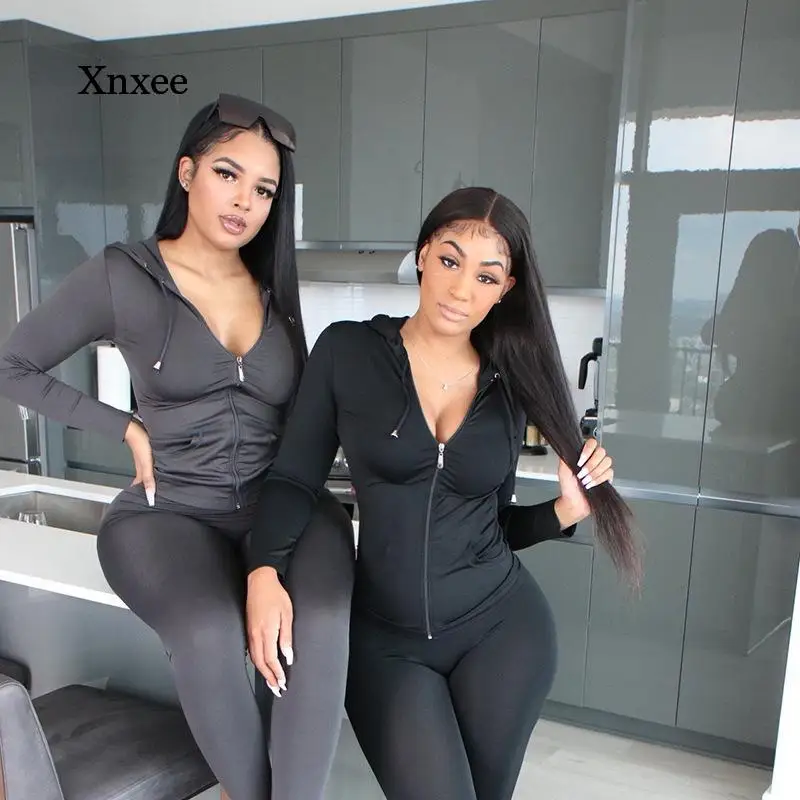 V-Neck Zipper Hoodies Tracksuit High Waist Drawstring Pants Sexy Women Two Piece Sets Ensemble Jogging Femme Clothing Outfits